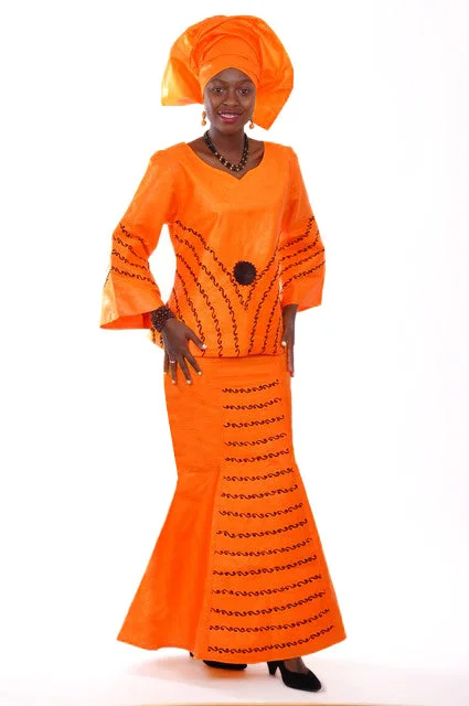 Designer skirts with premium fabric finish -Orange African Brocade Top and Skirt Black Embroidery-DP3427DO