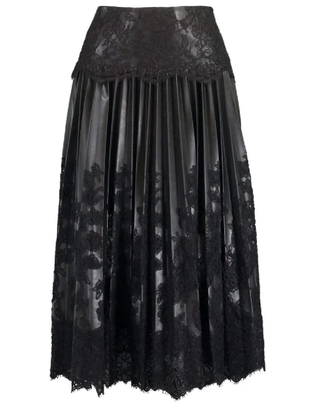 High-waisted denim skirts for cool lift -Black Leather Pleated Lace Skirt