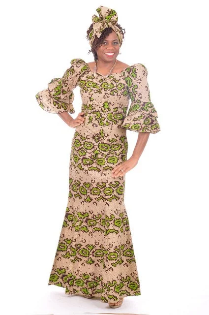 Vintage pencil skirts for nostalgic chic -Green Beige Brown African Print Top and Skirt-DP3288