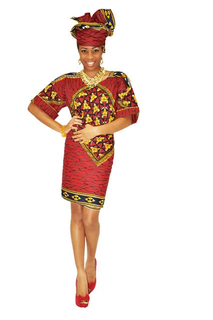 High-waisted denim skirts for cool lift -Deep-Red, Goldish Yellow African Print Top and Wrap Skirt-DP3786