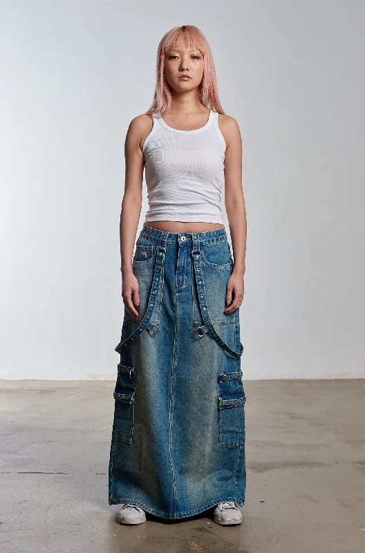 Tie-up Dresses for Decorative -Bondage Denim Midi Skirt Blue