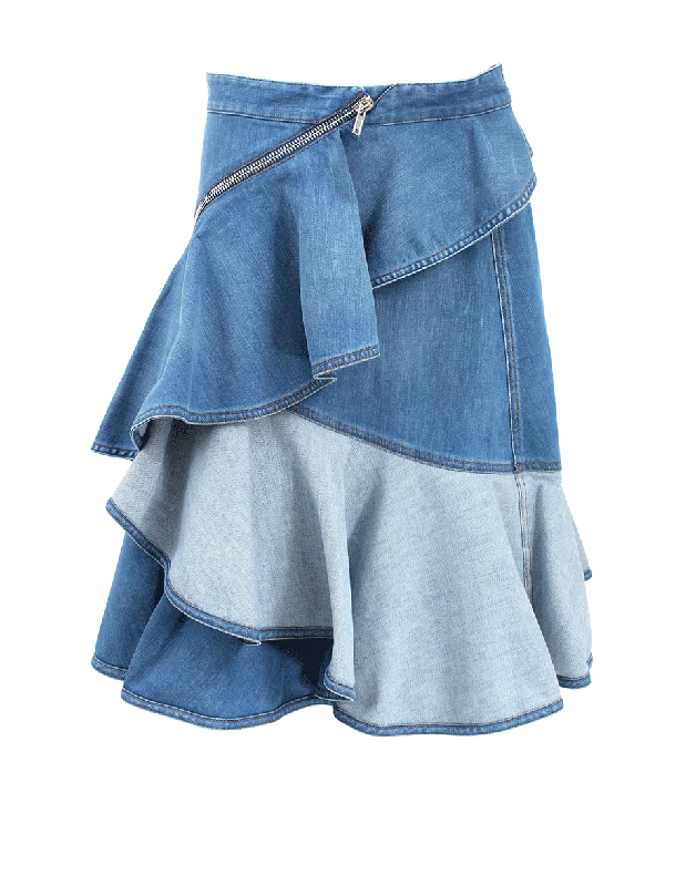 Pleated skirts for sophisticated evening wear -Ruffle Front Denim Zip Skirt