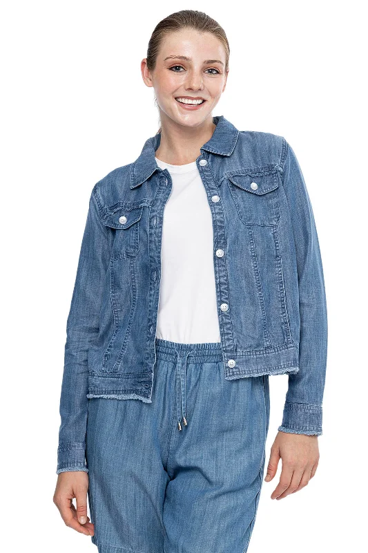 Hiking Jackets for Trail Walks -Women's Everglade Chambray Cropped Jacket | Light Indigo Chambray