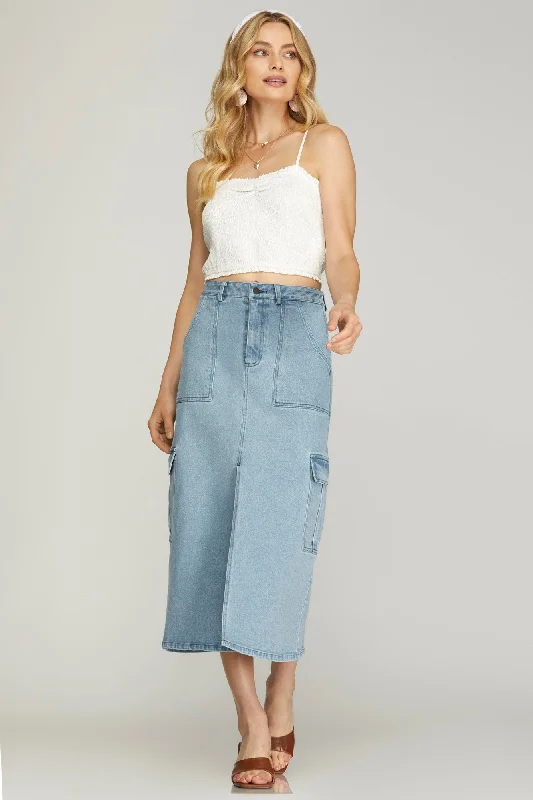 Off-shoulder Dresses for Feminine -Denim Cargo Midi Skirt