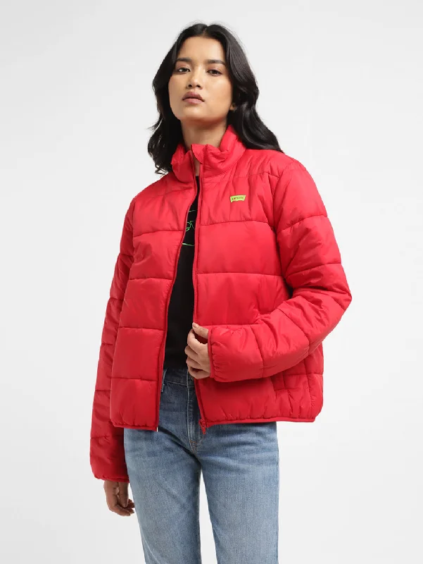 Black Jackets for Versatile -Women's Solid Red High Neck Quilted Jacket