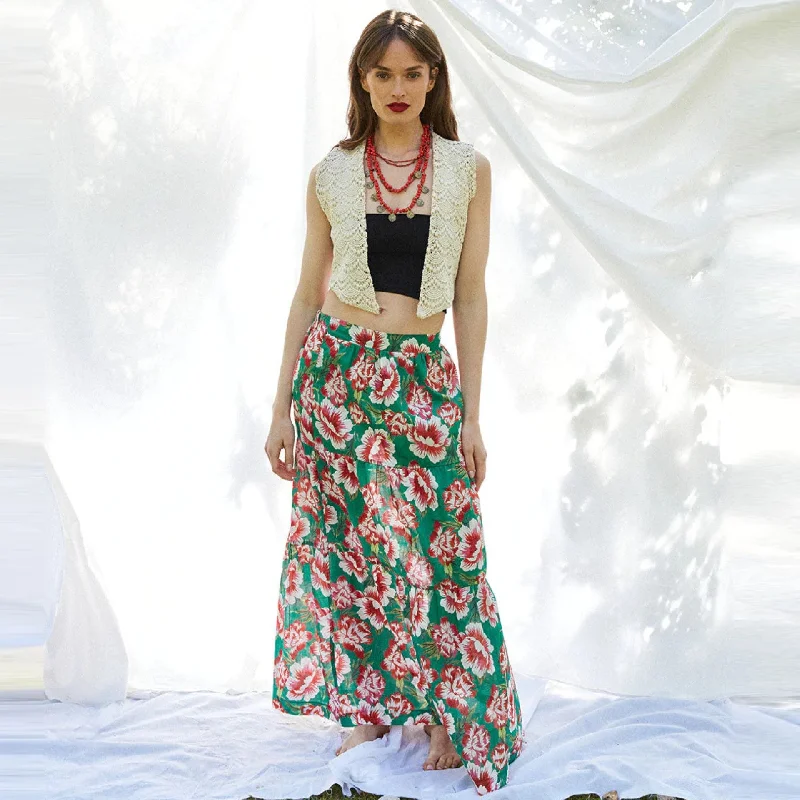 Trendy midi skirts for modern fashionistas -Athenes Skirt (Floral Print on Green Background)