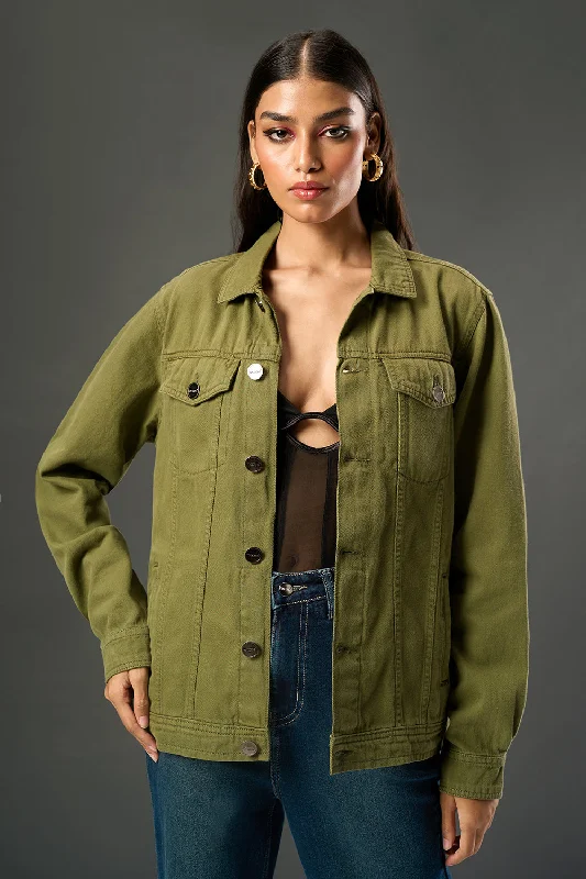 Solid Color Jackets for Simple -Olive Revive Denim Trucker Jacket