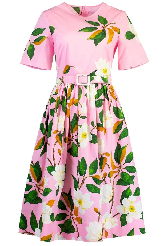 Halter Dresses for Chic Style -Belted Magnolia Flower Poplin Dress