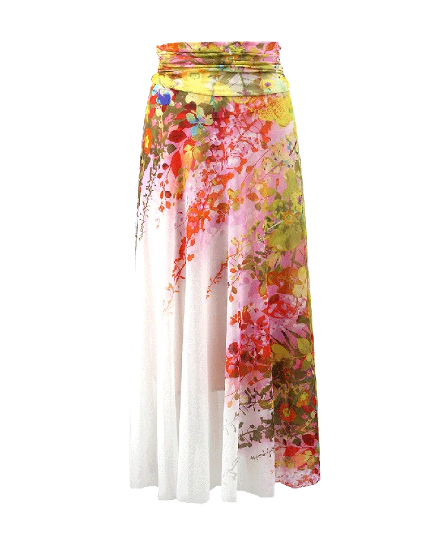 Ruffled skirts with lace trim softness -Pull-On Floral Print Maxi Skirt