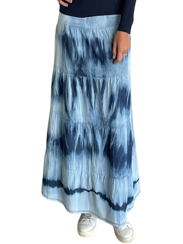 Ruffled midi skirts for delicate feminine touch -Women's Ankle Length Tie Dyed Tiered Long Denim Prairie Skirt