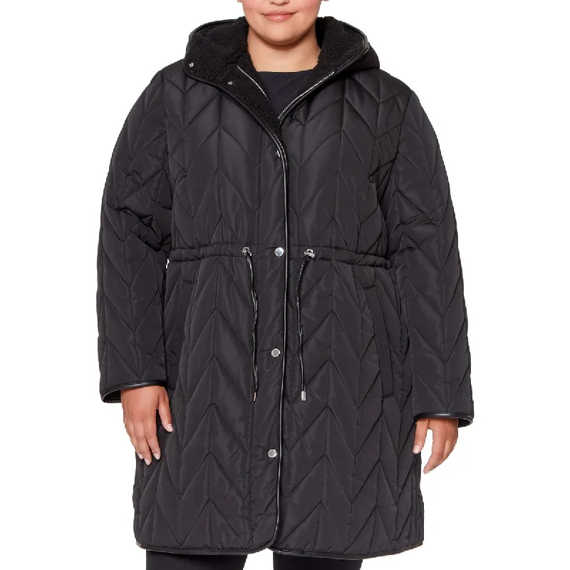 Printed Jackets with Patterns -Vince Camuto Womens Plus Faux Fur Lined Hooded Puffer Jacket