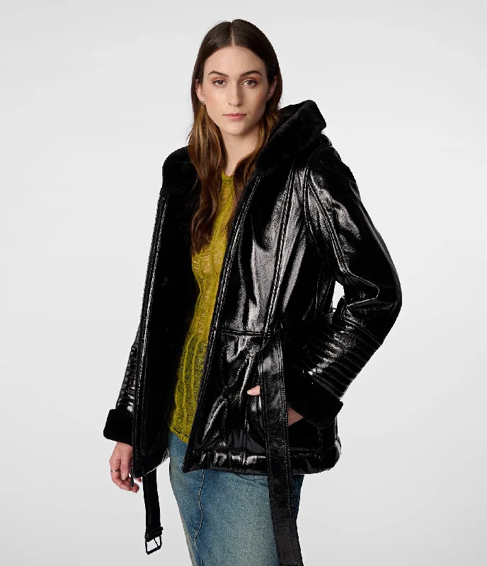 Anorak Jackets for Outdoor -Gabby Shine Leather Hooded Jacket