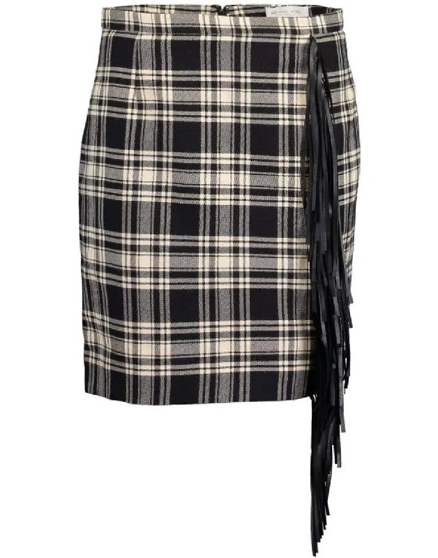 Wrap midi skirts for stylish ease -Western Tartan Wool and Leather Fringe Mini Skirt