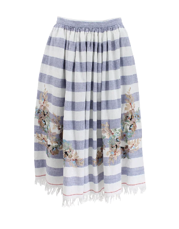 Wrap skirts for adjustable stylish fit -Stripe Embroidered Fringe Skirt