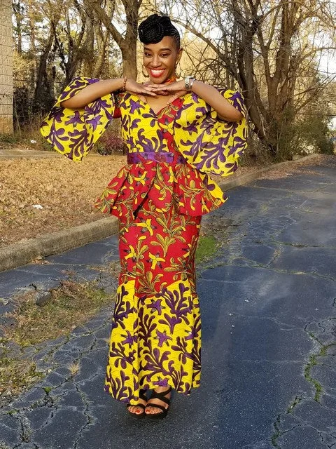 Wrap skirts with tie-front detail charm -Red Yellow Purple African Print Peplum Top and Skirt-DP3941TS