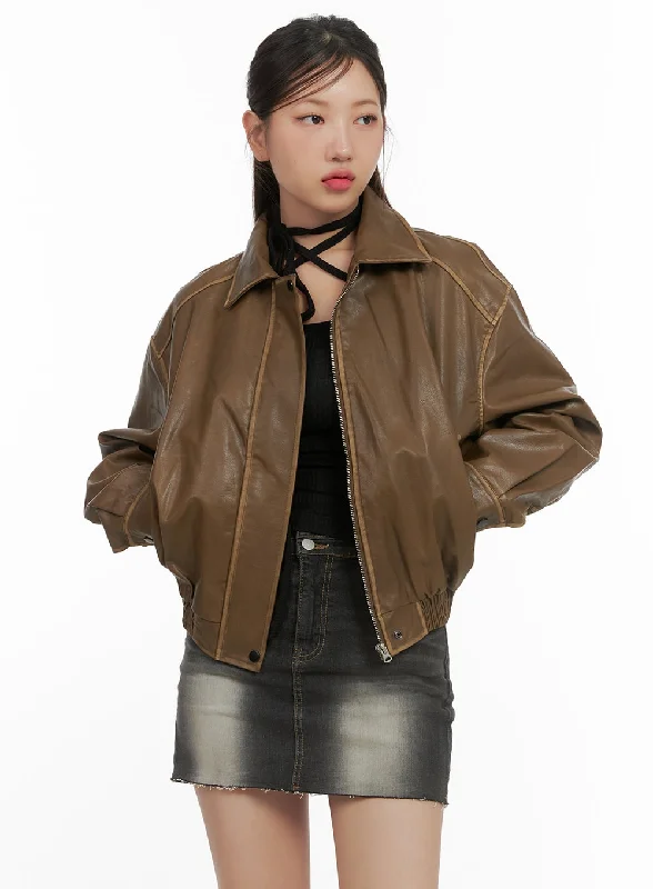 Trench Jackets for Classic Look -Zip-Up Faux Leather Crop Jacket CS405