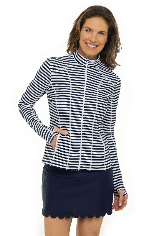 Workout Jackets for Fitness -Women's Malawi Swim Jacket | White/Navy Stripe