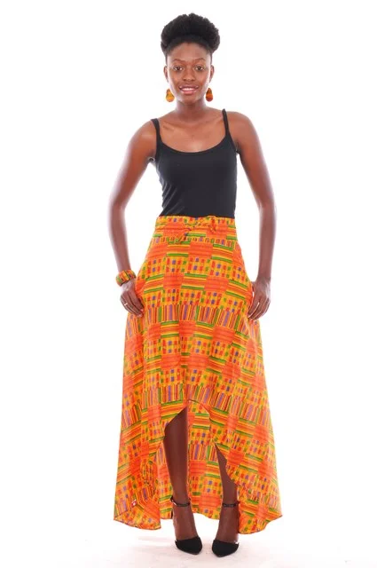 Affordable skirts with trendy slit details -Kente-Print Ruffled High-Low Maxi Skirt-DP3227HL