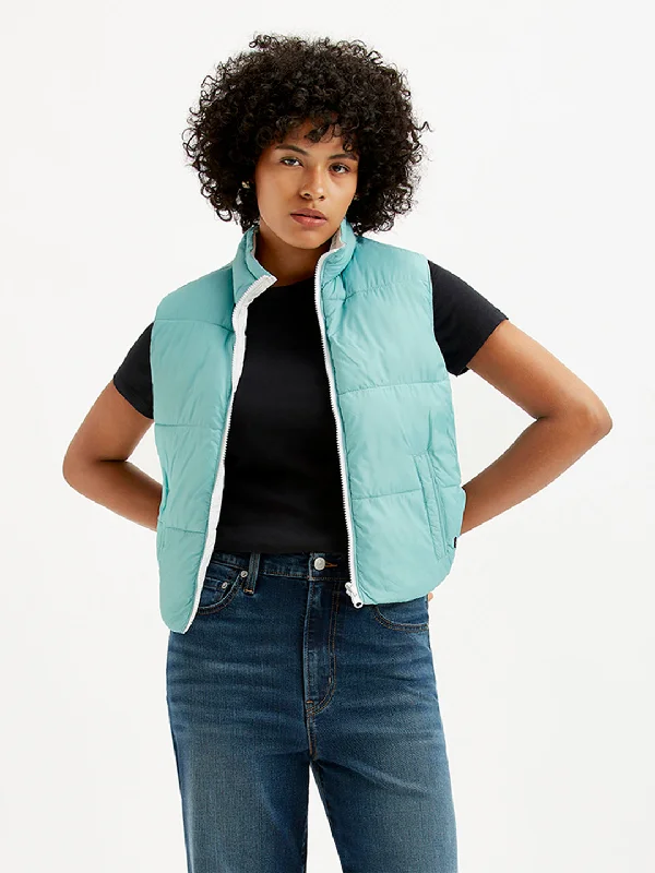 Heavy Duty Jackets for Durability -Women's Quilted Light-Blue High Neck Puffer Jacket