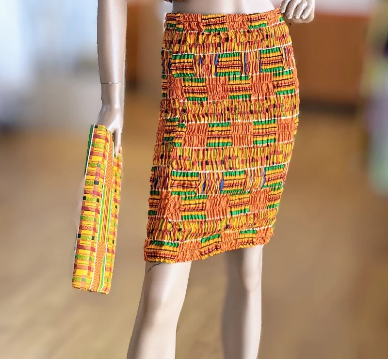 Lightweight skirts with airy fabric weave -Agyemang Smocked Kente African Print fitted pencil skirt-DP3227SPS