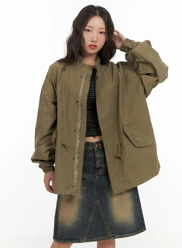 Khaki Jackets for Casual -Oversized Two-Way Jacket CG423