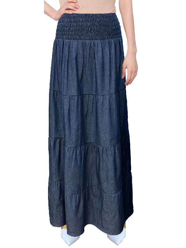 Stretch skirts for curvy figure flattery -Baby'O Women's' Long Ankle Length Smocked Waist Summer Weight Denim Tiered Western Prairie Skirt