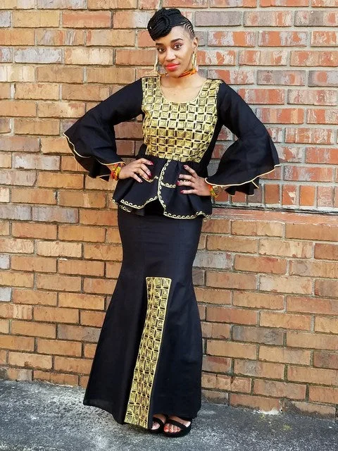 Trendy midi skirts for modern fashionistas -Black Panther African Top and Skirt with Gold Embroidery-DP3939T