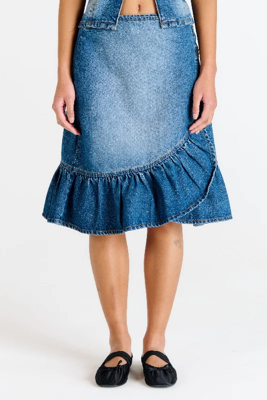 Silk Dresses for Luxurious -Gail Buckle Denim Wrap Skirt