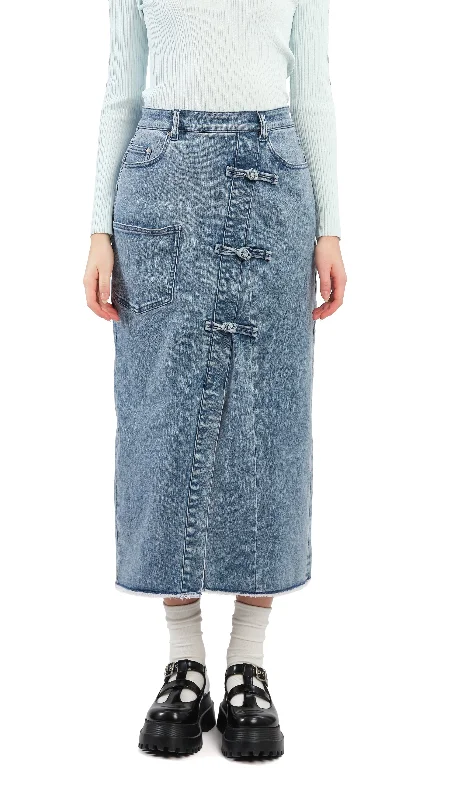 Ruffled skirts for soft romantic appeal -Rebuilt Denim Pencil Skirt