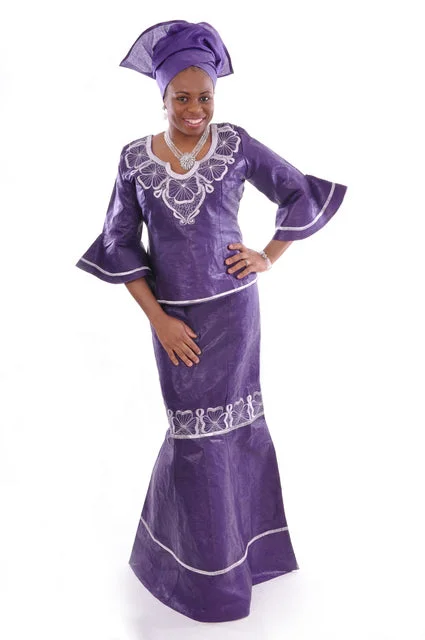 High-waisted skirts with button front detail -Purple and Silver Brocade Top with flare sleeves and Skirt