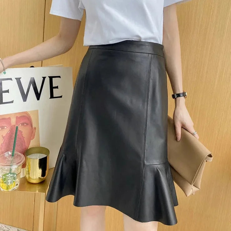 Lightweight cotton skirts for summer ease -Women's Genuine Leather Mermaid Silhouette High Waist Elegant Mini Skirt