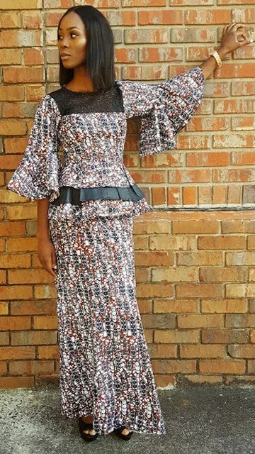 Patterned skirts with geometric print edge -Earth-Tone African Print Top and Skirt-DPX3770TS