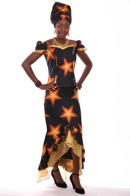 Durable skirts for active lifestyle needs -African Star Print Top and Skirt with Organza-DP3473