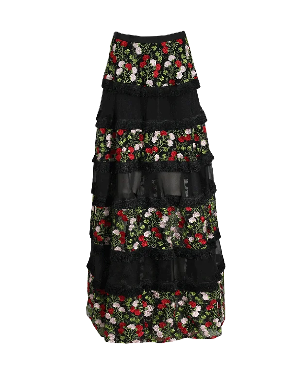 Vintage skirts with classic floral prints -Carosini Embroidered Tiered Skirt