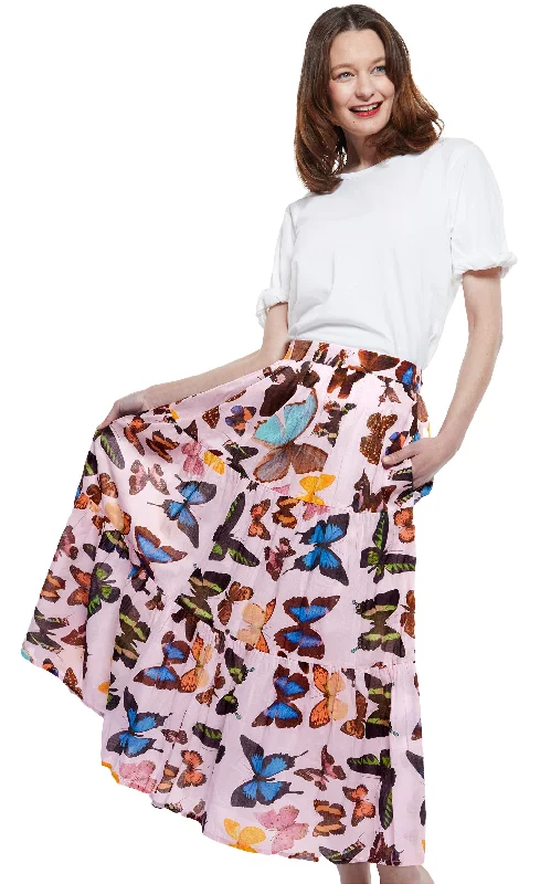 Elastic Dresses for Fit -Woodstock Midi Skirt - Pink With Butterflies