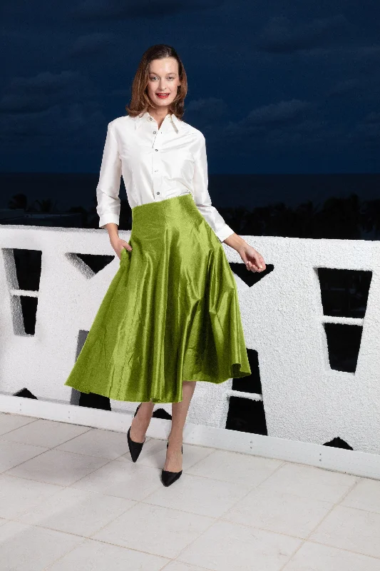 Punk Dresses with Spikes -Mid-Calf Silk Skirt - Green