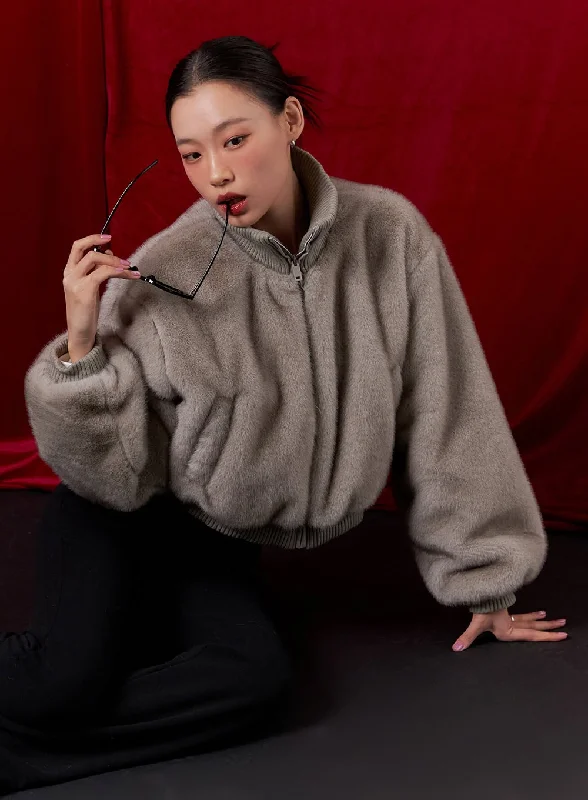 High School Jackets for Students -Cozy Long Sleeve Crop Faux Fur Jacket CD410