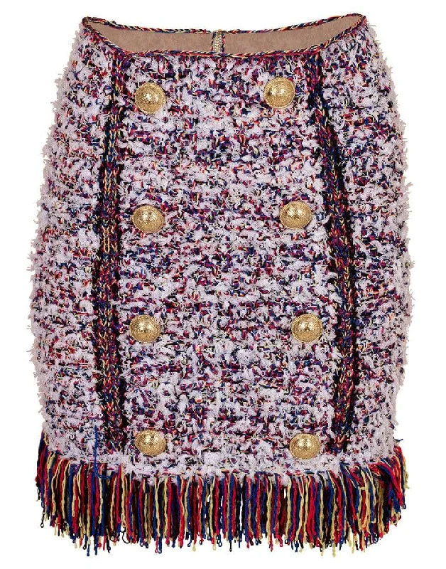 A-line skirts for classic wardrobe essentials -Button Front Fringe Tweed Skirt