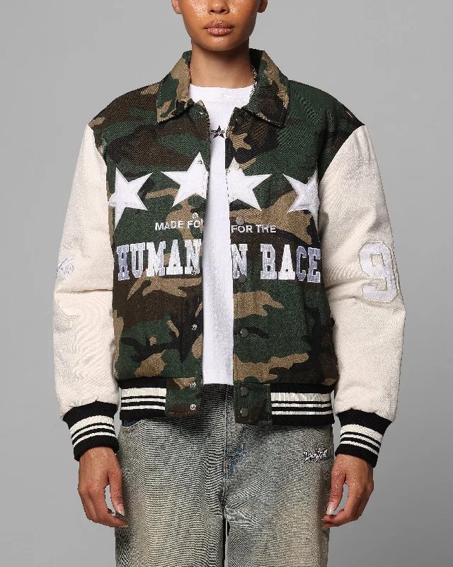 College Jackets for Campus -Loiter Star Child Varsity Jacket Woodland Camo