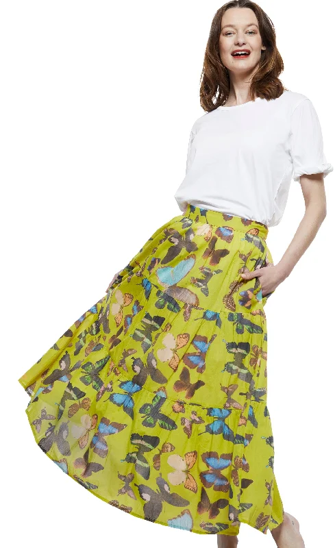 Resort Dresses for Vacation -Woodstock Midi Skirt - Chartreuse With Butterflies