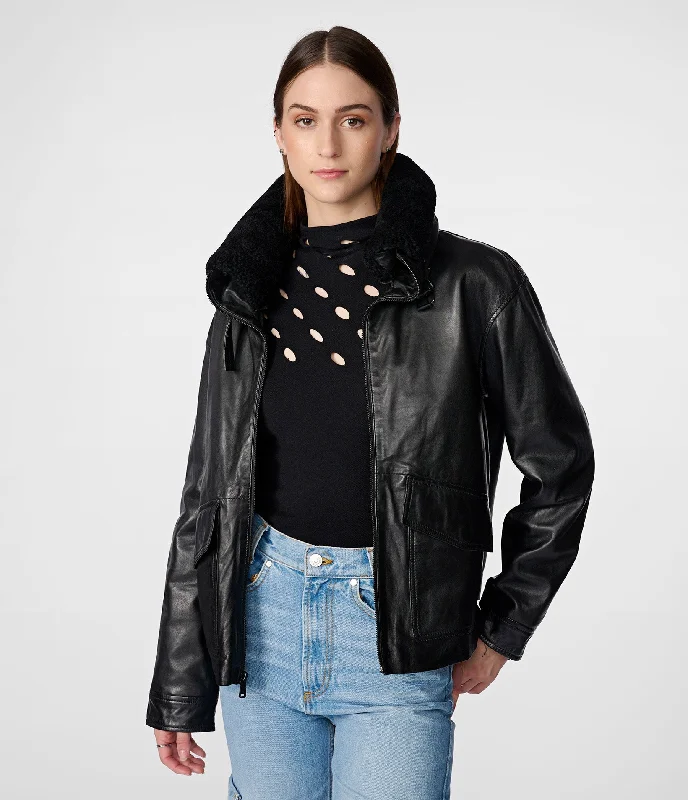 Quilted Jackets for Fashionable -Amanda Leather Jacket With Shearling Collar