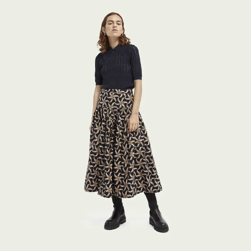 A-line skirts for flattering timeless silhouettes -Voluminous Tiered Skirt (Black Print)