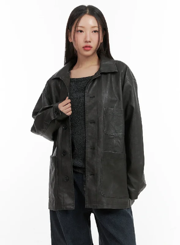 Parka Jackets for Cold Weather -Buttoned Faux Leather Jacket CO417