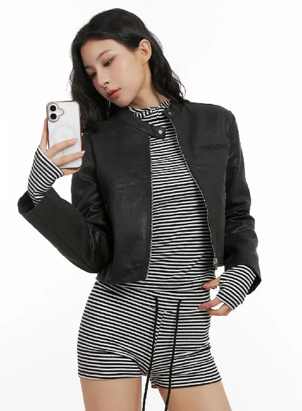 Organic Jackets for Natural -Solid Crop Faux Leather Jacket CN416