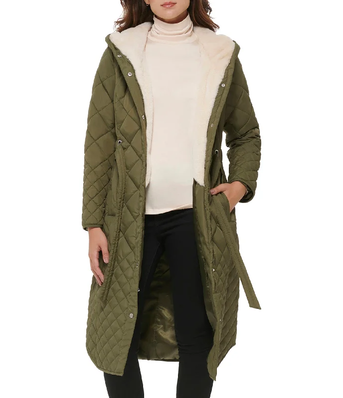 Valentine's Day Jackets for Romantic -Belted quilted long jacket With Faux Sherpa Lining