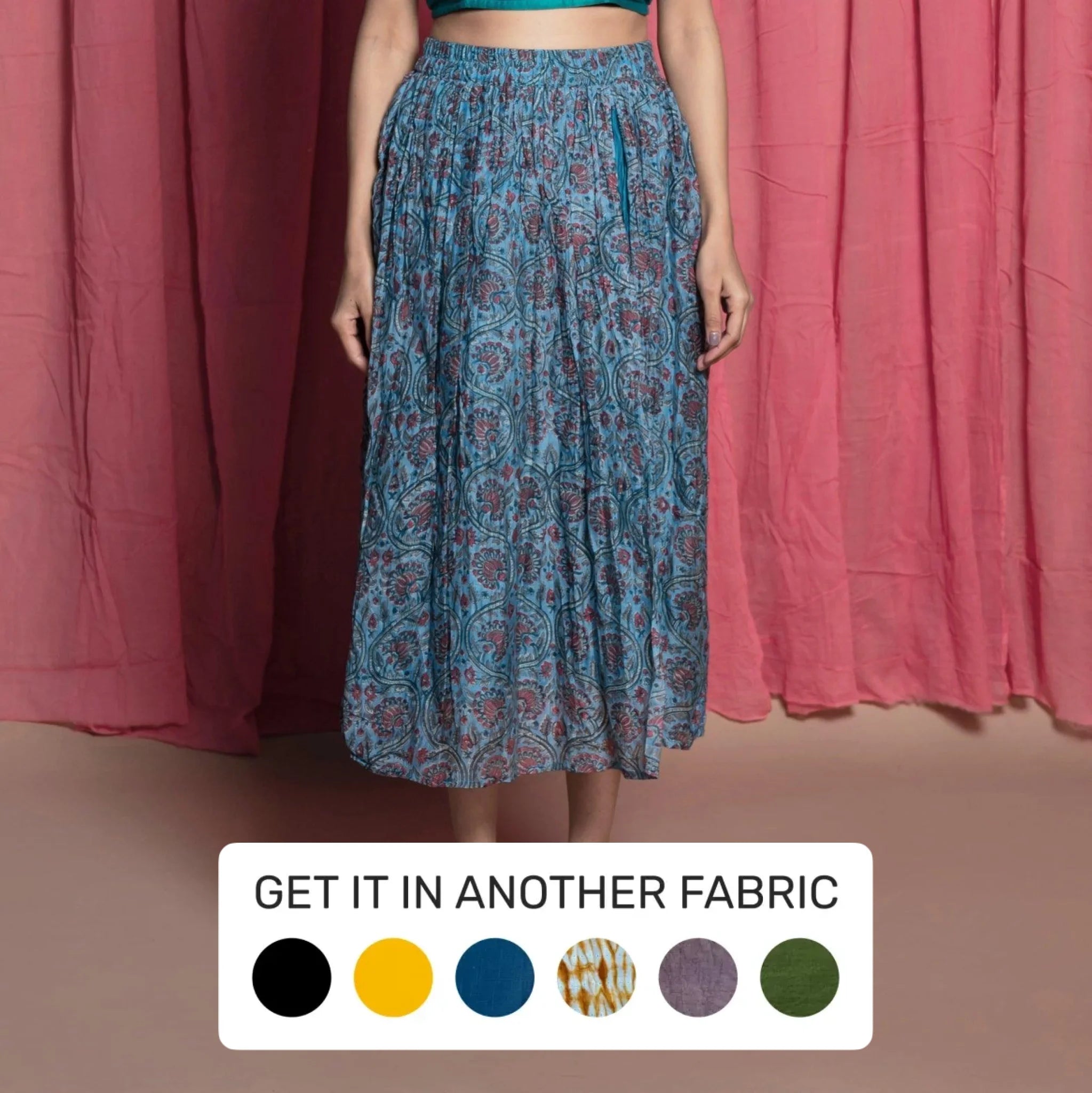 Animal Print Dresses for Fun -Teal Chanderi Cotton Block Printed Midi Skirt