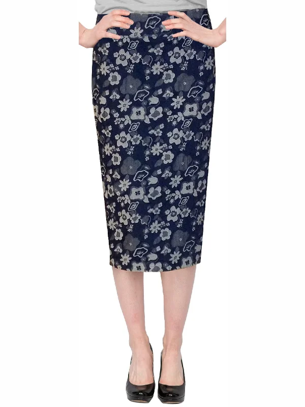 Luxury satin skirts for evening event elegance -Women's Below The Knee Stretch Denim Floral Print Pencil Skirt