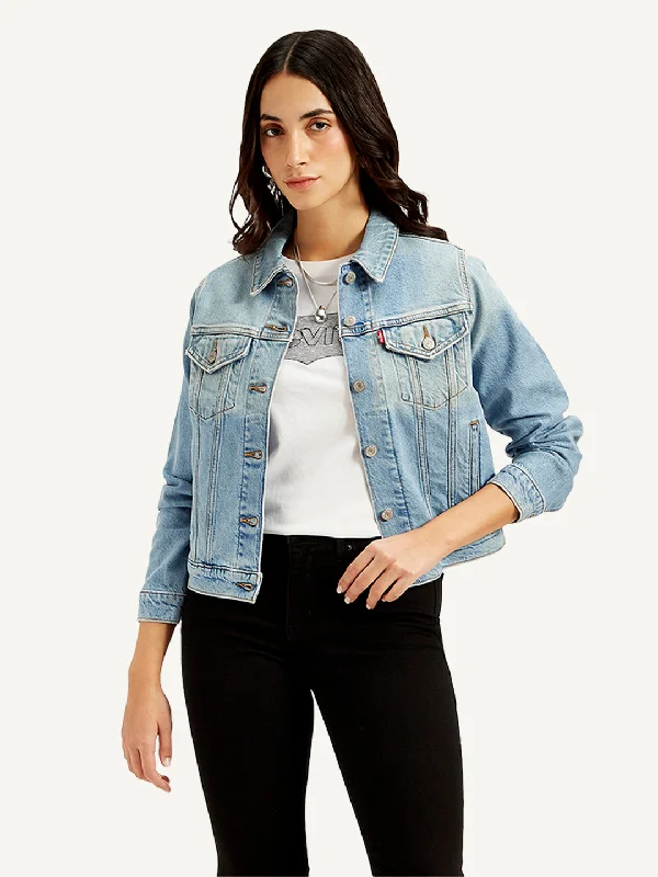 Printed Jackets with Patterns -Women's Solid Blue Spread Collar Jacket