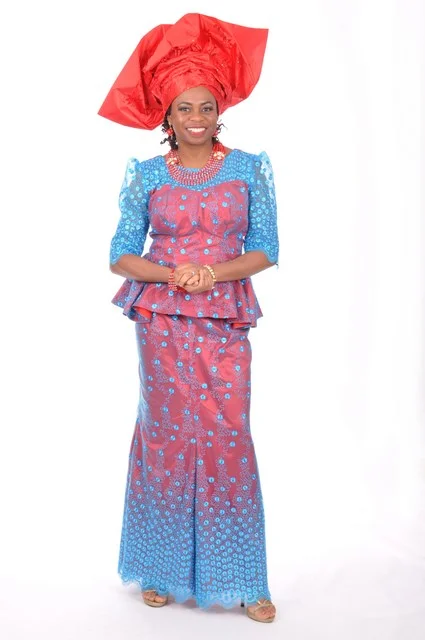 Wrap skirts for easy adjustable fit -Blue African French Lace Top and Skirt with Red Lining-DP3270