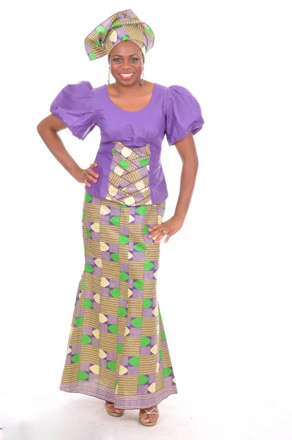 Patterned skirts with bold stripe accents -Purple Top with Purple Green Beige Print and Skirt-DPS0097DF